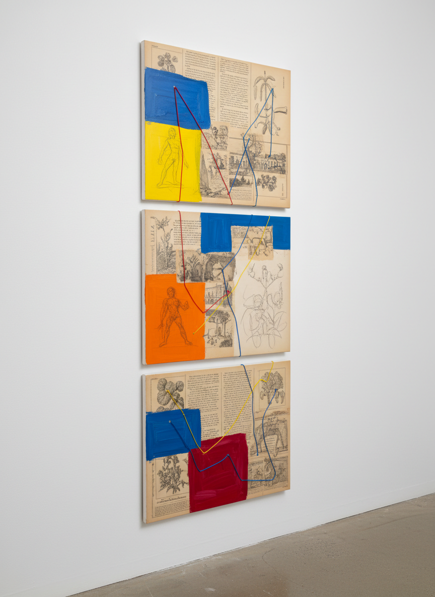 A series of three vertically stacked mixed media panels mounted on a matte white gallery wall, each panel combining bold blocks of acrylic color, graphite sketching, and collaged vintage book pages. Thin strands of colored thread connect elements across the panels, creating a sense of playful continuity. The camera is positioned at eye level with a slight angled perspective that shows the panels receding into space. Clean, even gallery lighting bathes the wall, producing crisp, realistic shadows behind the raised edges of paper and thread. The foreground is in perfect focus while the far panel softens slightly, adding depth. The mood is contemporary, bright, and energetic, perfect for a portfolio’s curated series showcase.